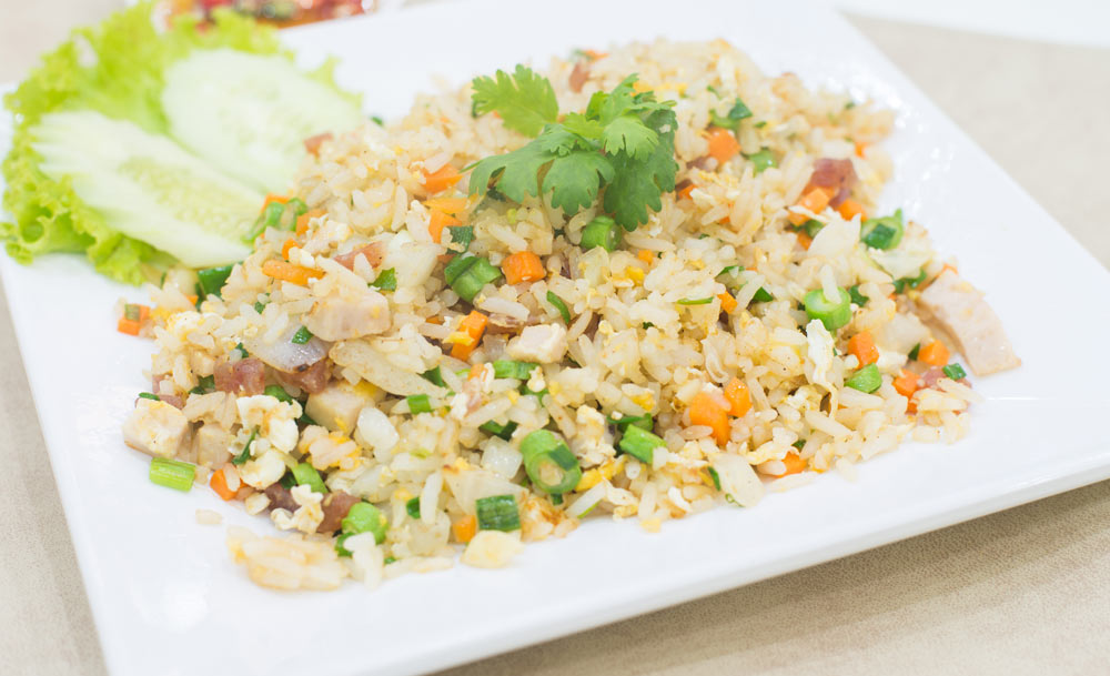 An example of a meal of cooked rice with vegetables